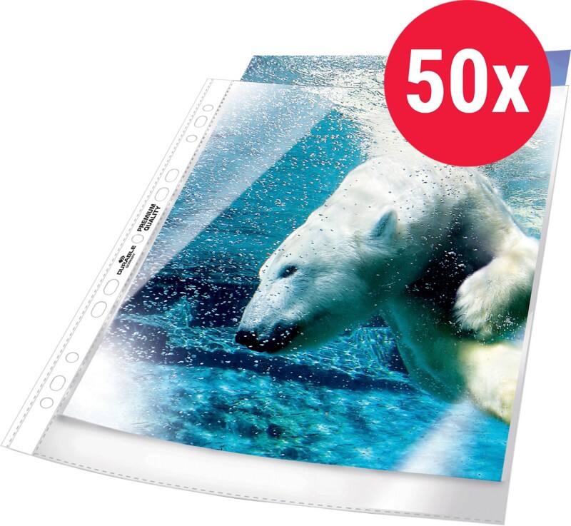 DURABLE Premium Prospekthüllen  DIN A4 Glasklar Transparent 80 Mikron PP (Polypropylen) Öffnung oben 11 Löcher 2677 50 Stück