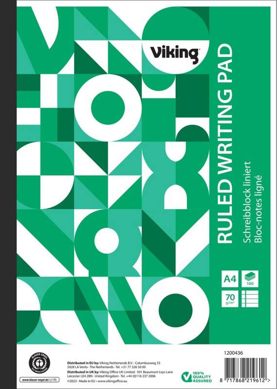 Viking Notizblock DIN A4 Liniert Geleimt Oben gebunden Papier Softcover Grün 200 Seiten