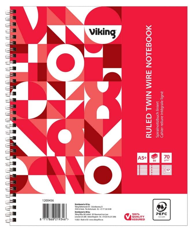 Viking Notizbuch DIN A5+ Schmal Doppeldraht Seitlich gebunden Papier Softcover Rot Perforiert 17 Löcher 160 Seiten 5 Stück