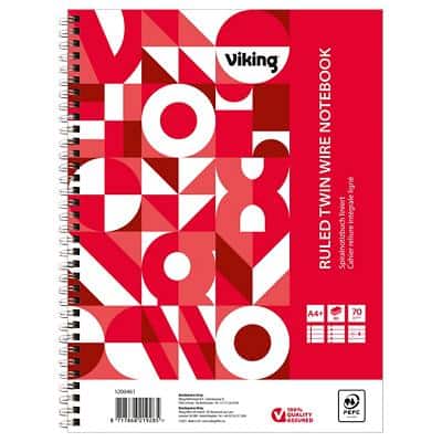 Viking Notizbuch DINA4+ Liniert Doppeldraht Seitlich gebunden Papier Softcover Rot Perforiert 160 Seiten 5 Stück