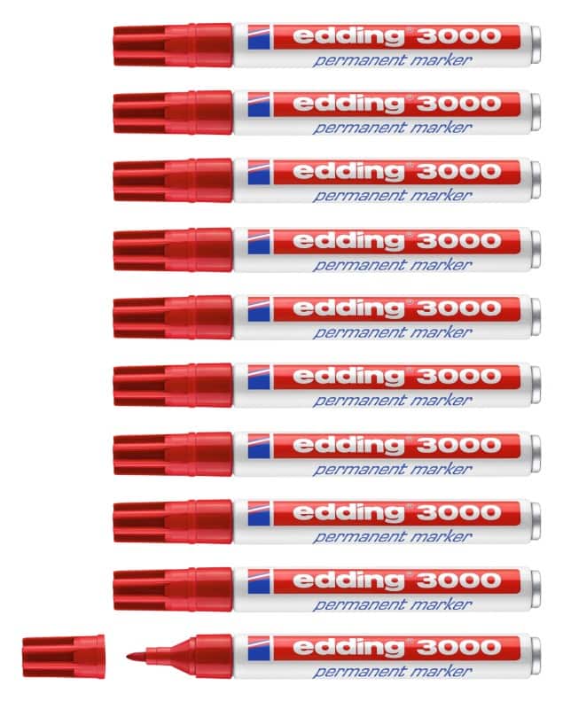 edding 3000 3000 Permanentmarker 100% Recycelt Mittel Rundspitze  - 3 mm Rot Nachfüllbar Wasserbeständig 10 Stück