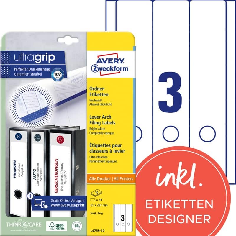 AVERY Zweckform L4759-10 Ordneretiketten DIN A4 Weiß 61 x 297 mm 10 Blatt à 3 Etiketten