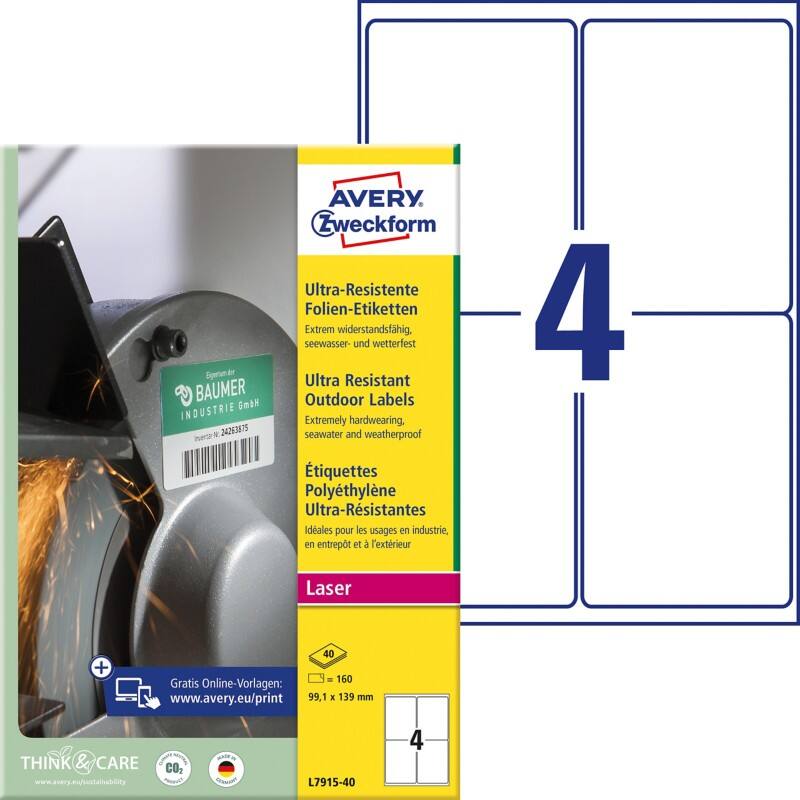 AVERY Zweckform Ultra-Resistent Etiketten L7915-40 Selbsthaftend DIN A4 Weiß 99,1 x 139 mm 40 Blatt à 4 Etiketten