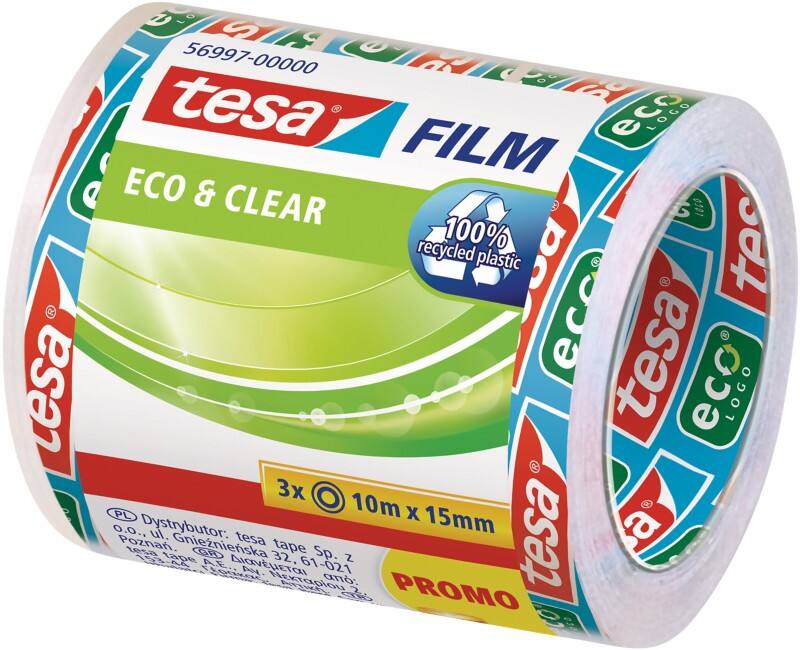 tesa Klebeband tesafilm Eco & Clear 56997 Transparent 15 mm (B) x 10 m (L) Polypropylene (PP) 100% Recycelt 3 Rollen