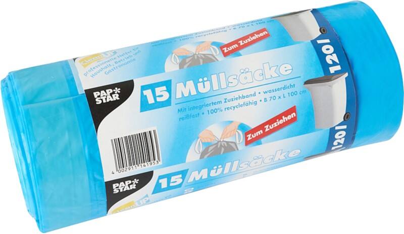 PAPSTAR Müllsäcke 120 L  Kordelzug Blau LDPE (Polyethylen niedriger Dichte) 25 Mikron 15 Stück