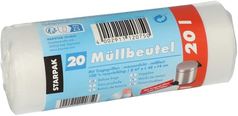 PAPSTAR Müllsäcke 20 L  Transparent HDPE (Hochdichtes Polyethylen) Tragegriff 20 Stück