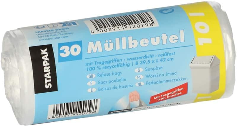 PAPSTAR Müllsäcke 10 L  Transparent HDPE (Hochdichtes Polyethylen) Tragegriff 30 Stück