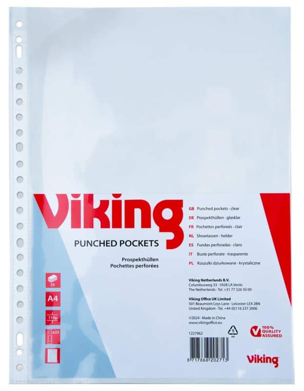 Viking Prospekthüllen  DIN A4 Glasklar Transparent 110 Mikron PP (Polypropylen) Öffnung oben 23 Löcher 25 Stück