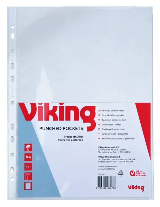 Viking Prospekthüllen  DIN A4 Glasklar Transparent 80 Mikron PP (Polypropylen) Öffnung oben 11 Löcher 50 Stück