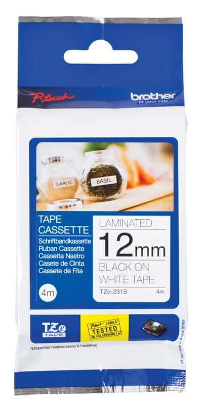 Brother TZe-231S 12mm Schwarz auf Weiß Etikettierbandkassette, 4M lang