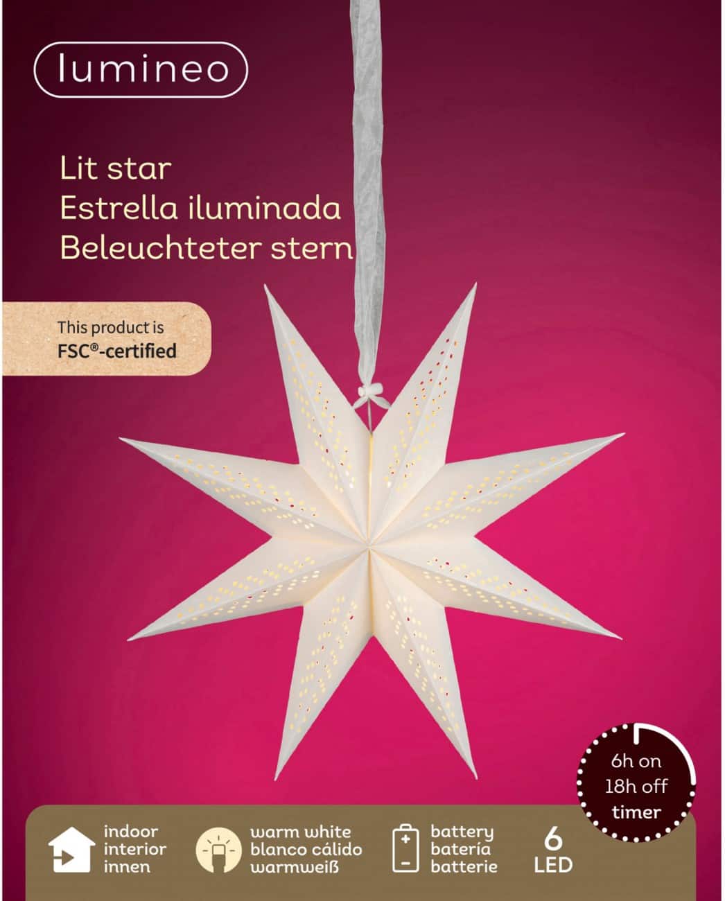 Lumineo Lichterkette LED-Papierstern Weiß 38 cm Batteriebetrieben