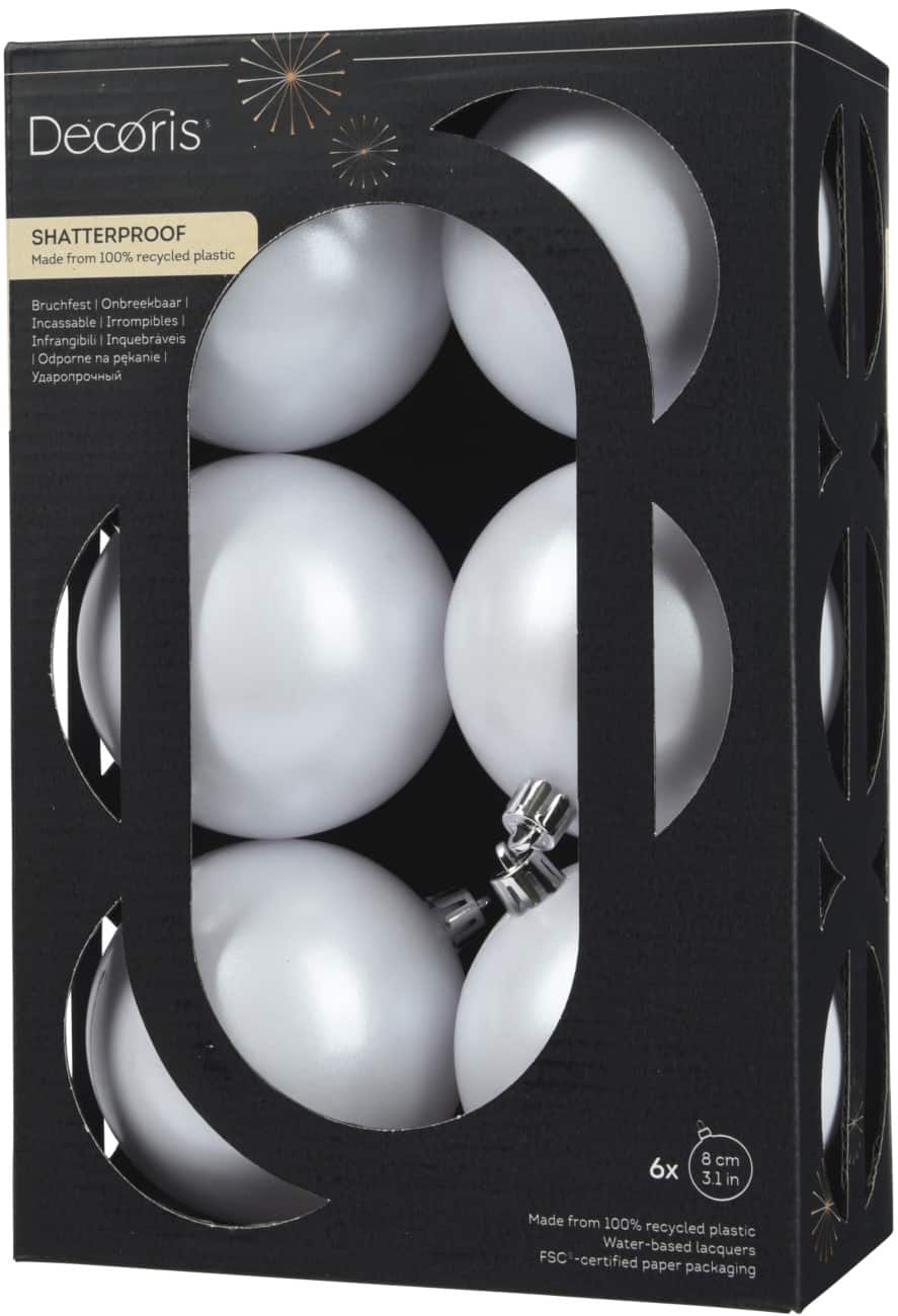 DECORIS Bruchsichere Christbaumkugel Weiß 8 cm 6 Stück