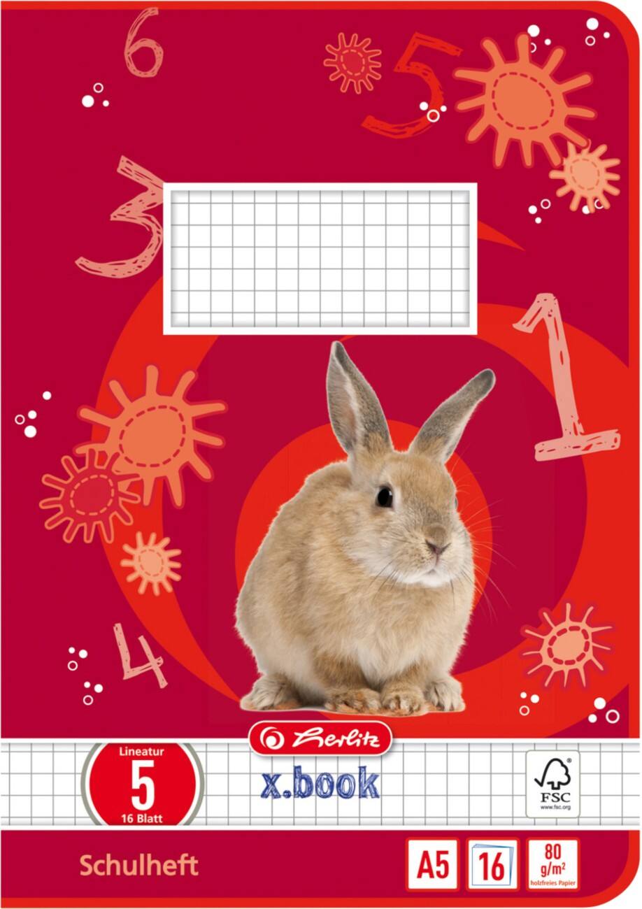 herlitz Schulheft DIN A5 Rot 16 Blatt Hase-Motiv