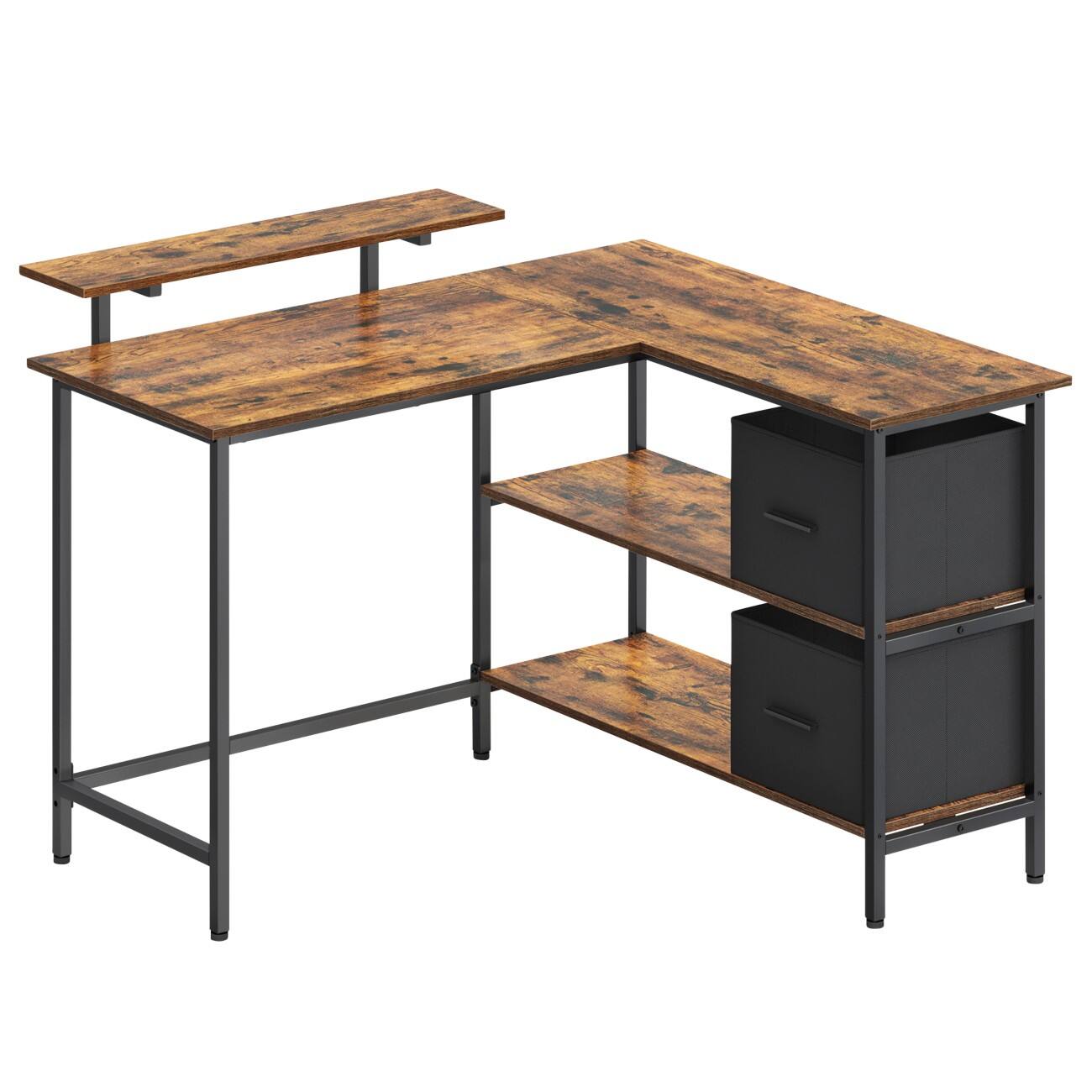 VASAGLE Computer-Schreibtisch L-Form Vintage Braun L-Fuß 2 Schubladen 1.150 (B) x 1.050 (T) x 900 (H) mm, Stoff, PA (Polyamid), Spanplatte, Stahl