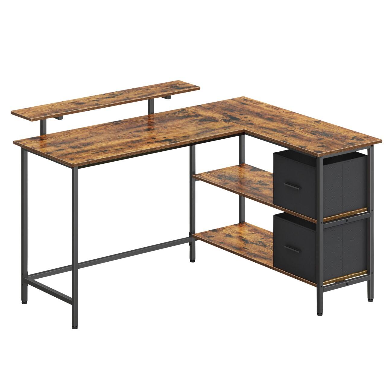 VASAGLE Computer-Schreibtisch L-Form Vintage Braun L-Fuß 2 Schubladen 1.350 (B) x 1.050 (T) x 900 (H) mm, Stoff, PA (Polyamid), Spanplatte, Stahl