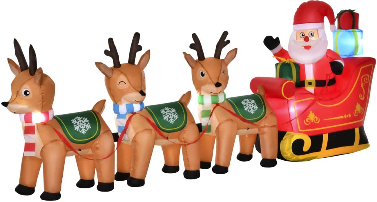 HOMCOM Aufblasbarer Weihnachtsschlitten mit drei Rentieren Gebläse und LED-Lampen 319 x 59 x 132 cm