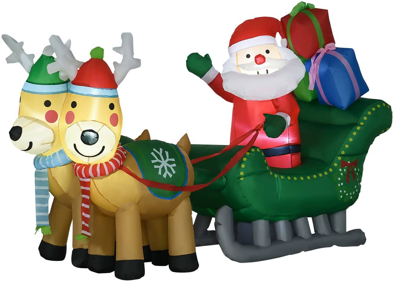 HOMCOM Aufblasbarer Weihnachtsschlitten mit zwei Rentieren Gebläse und LED-Lampen 210 x 70 x 125 cm