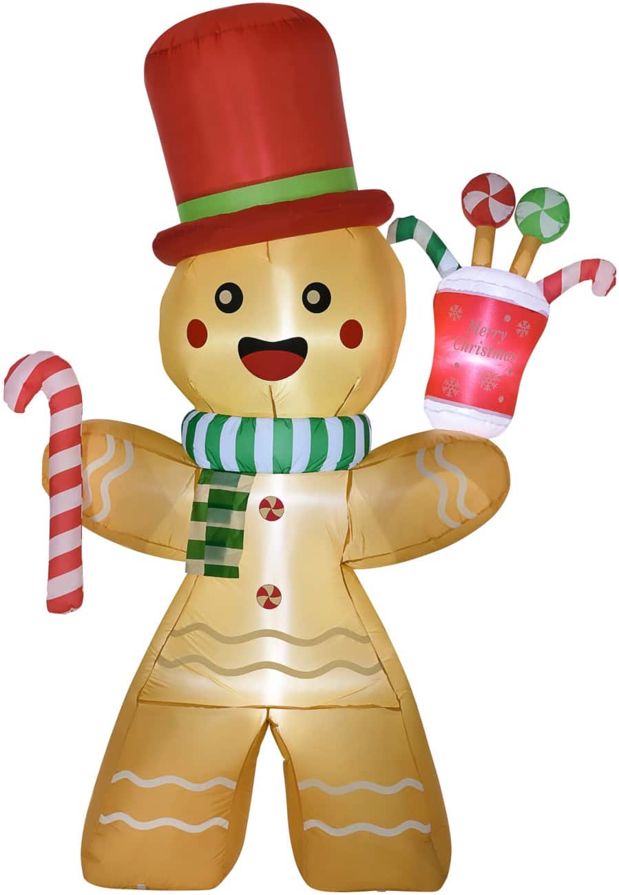 HOMCOM Aufblasbarer Weihnachts-Lebkuchenmann mit Zuckerstangen-Gebläse und LED-Lampen 170 x 75 x 235 cm