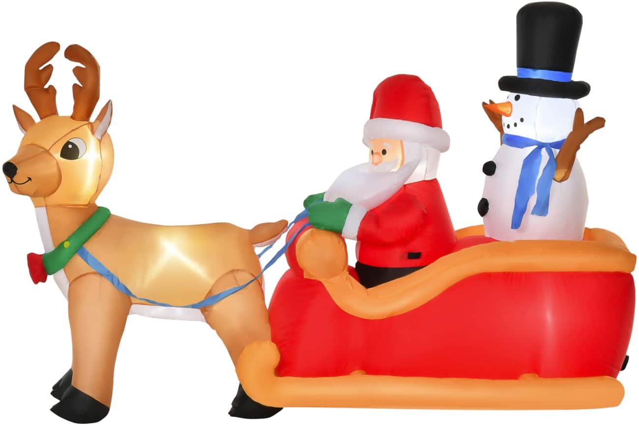 HOMCOM Aufblasbarer Weihnachtsschlitten mit Rentieren Schneemann und LED-Lampen 200 x 80 x 128 cm
