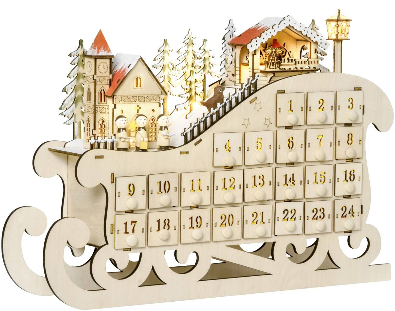 HOMCOM LED-Adventskalender Schlitten Naturholz 45 x 10 x 31 cm