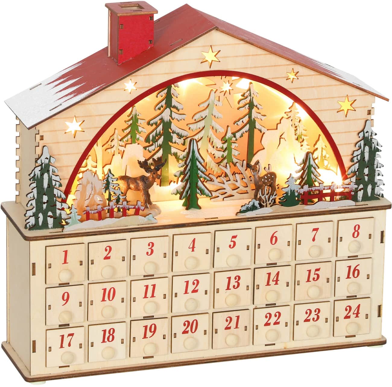 HOMCOM LED-Adventskalender Dorf Naturholz 36 x 10 x 34 cm
