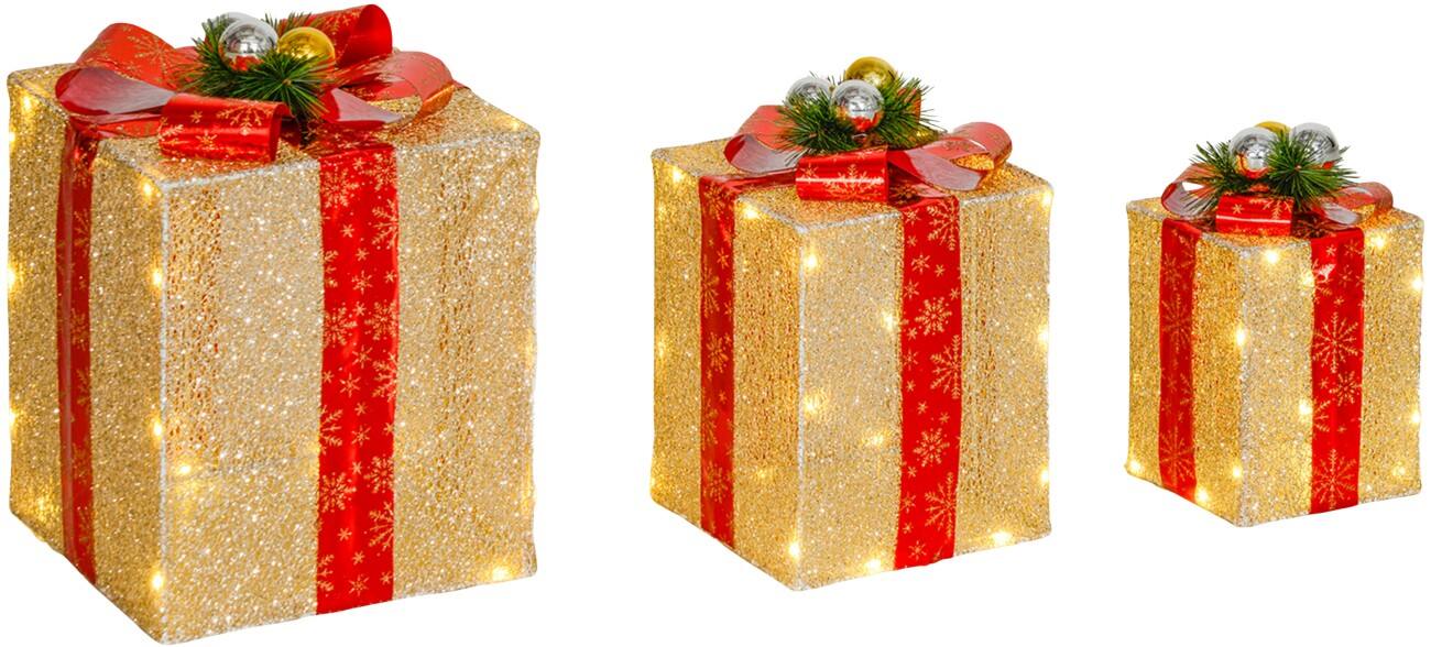 OutSunny LED-Leuchtdekoration Geschenkbox-Set Gold 3 Stück
