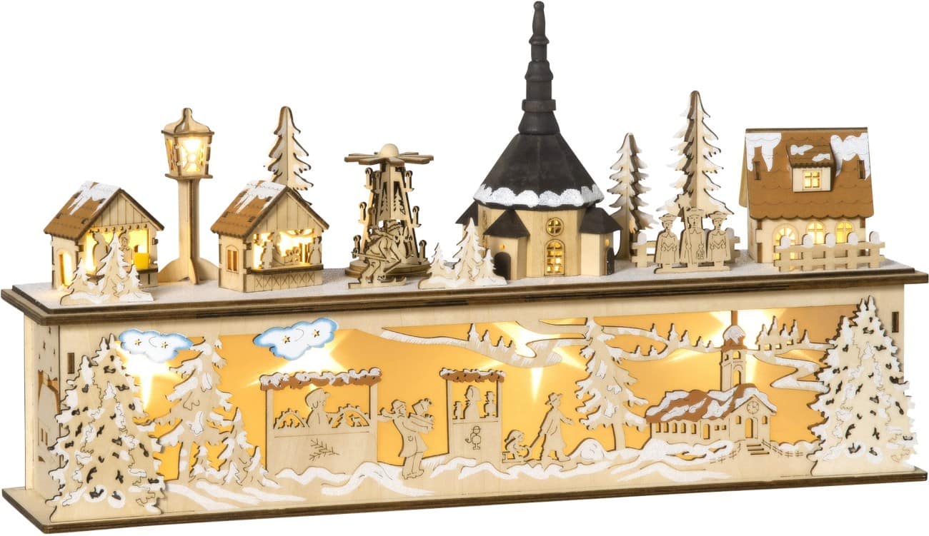 HOMCOM LED-Leuchtdekoration Verschneites Weihnachtsdorf 45 x 10 x 25 cm