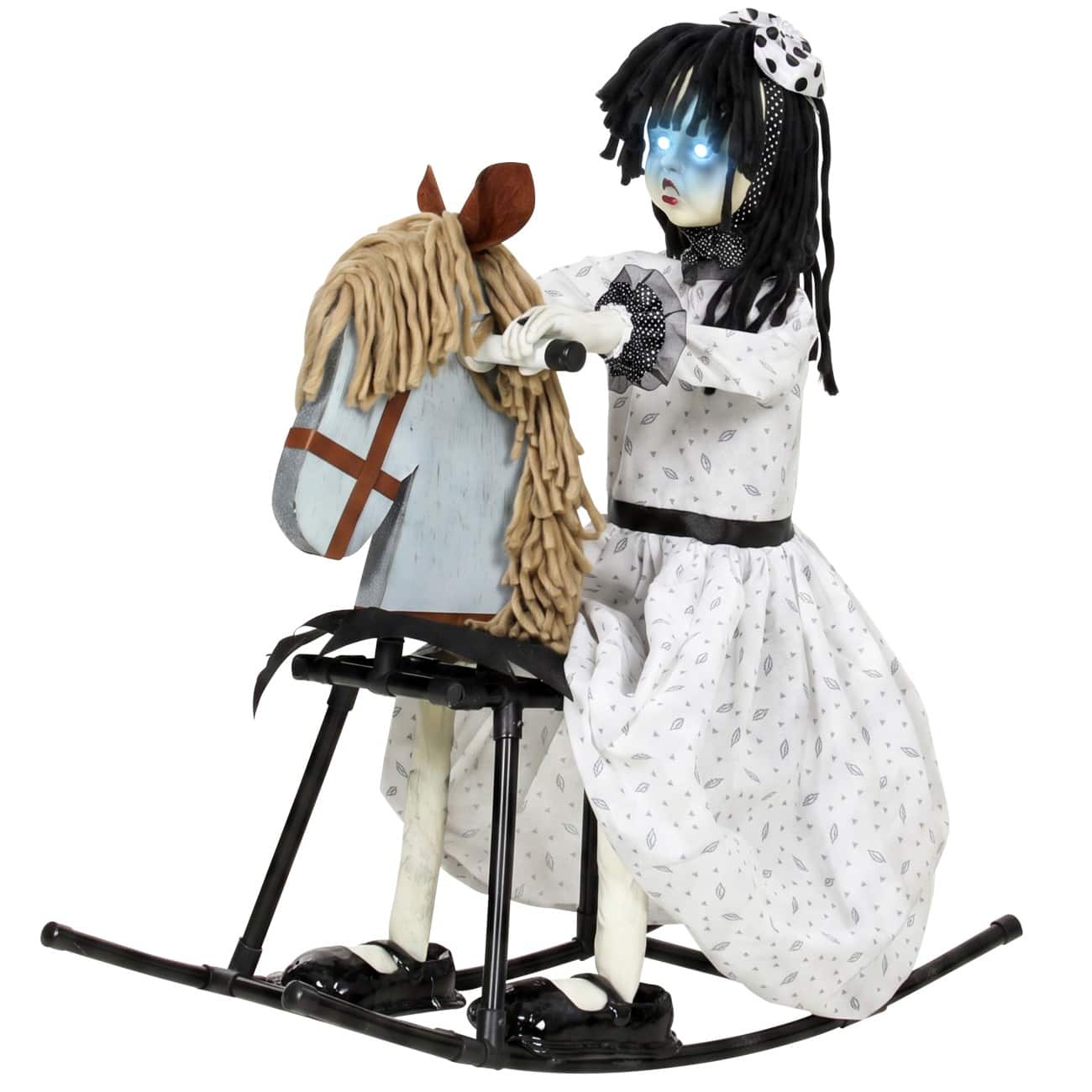 HOMCOM Mädchen auf Schaukelpferd Halloween-Deko Metall, PL (Polyester) Weiß 70 x 55 x 100 cm