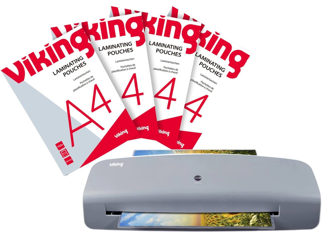 Viking Laminierfolien DIN A4 Glänzend 125 (2 x 125 Mikron) 400 Stück + Viking A4 Laminiergerät 4895764