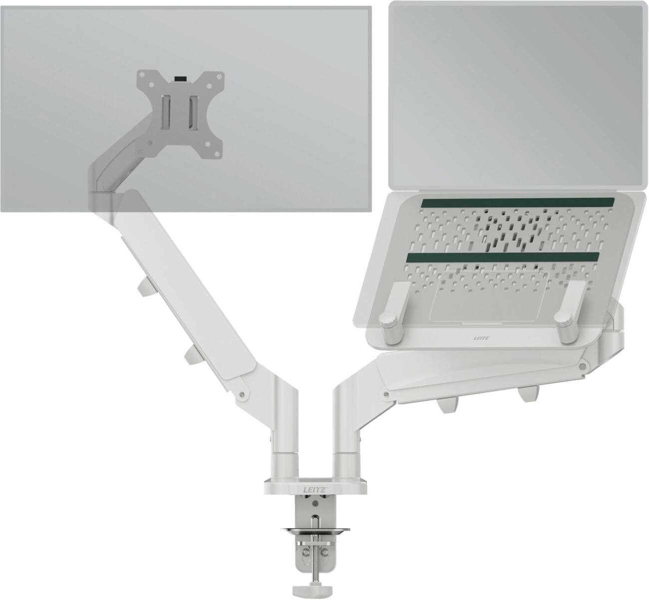 Leitz Ergo Platzsparender Dual Monitorarm mit Laptophalterung 6538 Höhenverstellbar Bis zu 32"/17" Hellgrau