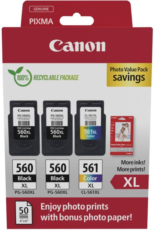 Canon 560, 561 Original Tintenpatrone Schwarz, Cyan, Magenta, Gelb 3er-Pack