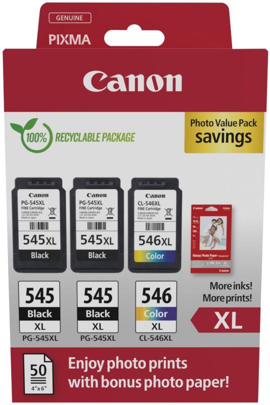 Canon 545, 546 Original Tintenpatrone Schwarz, Cyan, Magenta, Gelb 3er-Pack