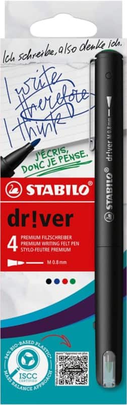STABILO dr!ver Faserschreiber 0,8 mm Filzspitze Mehrfarbig EO1089/4-01 4 Stück