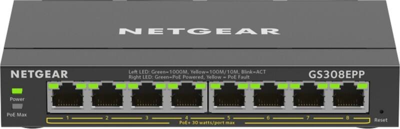 NETGEAR 8-Port Gigabit Ethernet High-Power PoE+ Plus Switch (GS308EPP) Managed L2/L3 Gigabit Ethernet (10/100/1000) Power over Ethernet (PoE) Schwarz