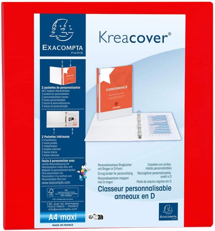 Exacompta Kreacover 60 mm Ringbuch Pappkarton, PP (Polypropylen) DIN A4+ 4 Ringe Rot 51845RE 10 Stück