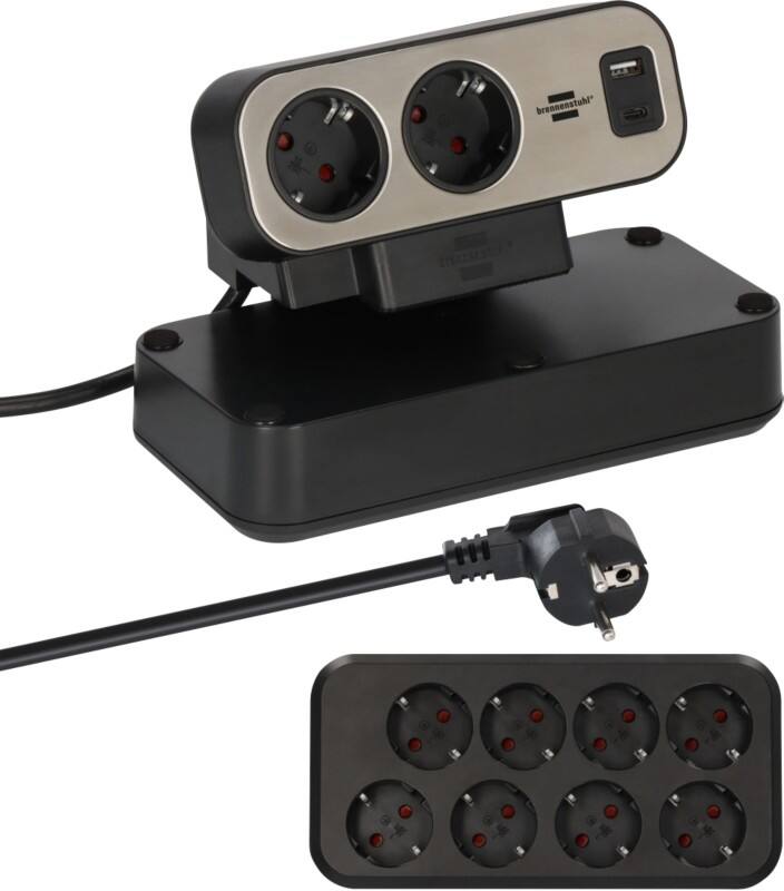 brennenstuhl Estilo Duplex Tisch-Steckdosenleiste 10-fach mit USB-C Power Delivery für Schnellladen, 1x USB-C, 1x USB-A, 2 m Schwarz 1153580200