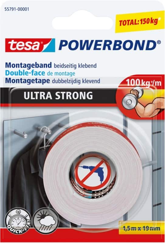 tesa Montageband Powerbond Ultra Strong 55791-00001-00 Weiß 19 mm (B) x 1,5 m (L) Synthetisches Gummi