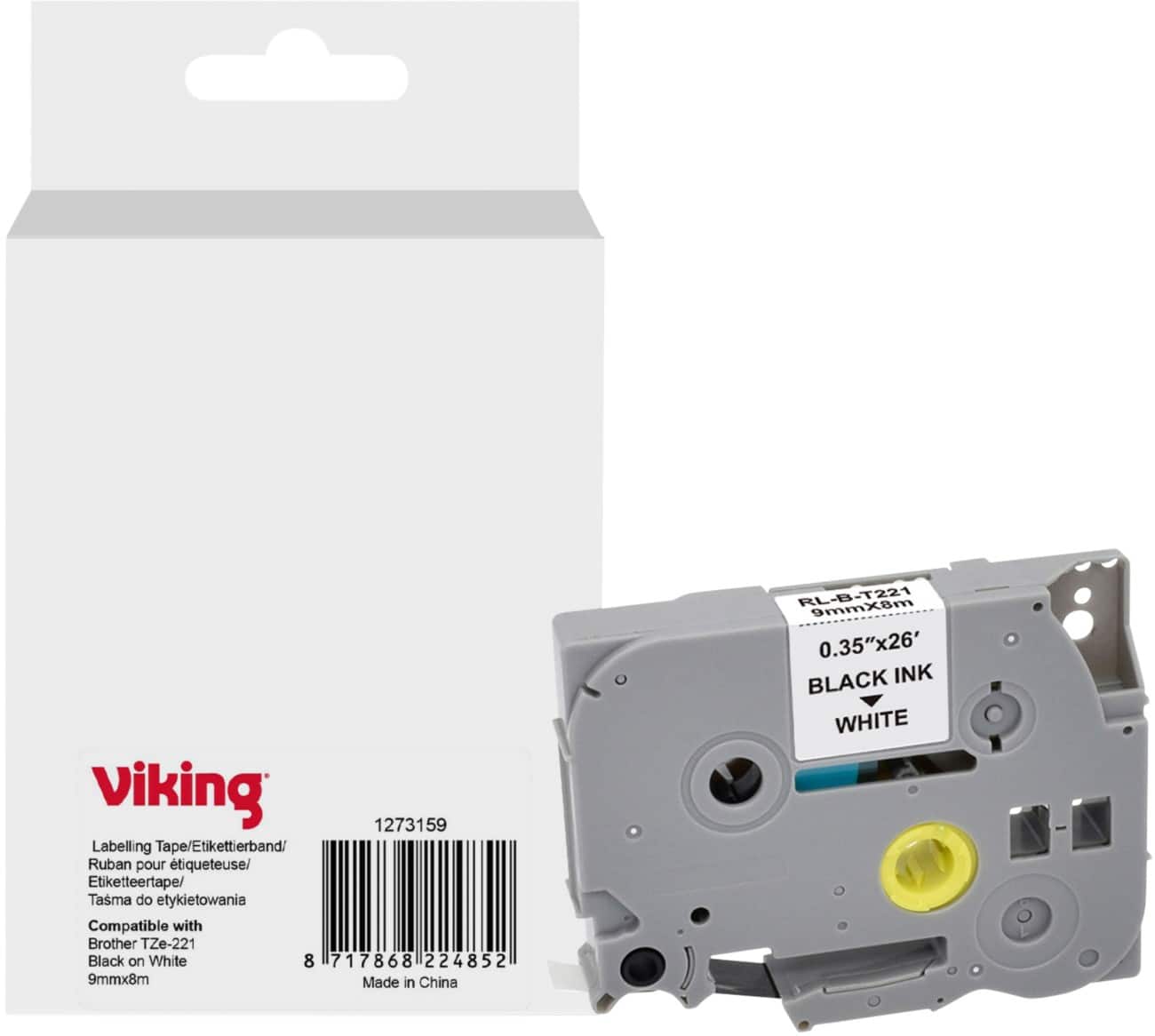 Viking Beschriftungsband Kompatibel mit Brother TZe-221 WB-BRRLT221-WT Zum Ankleben Schwarz auf Weiß 9 x 93 mm Thermodruck