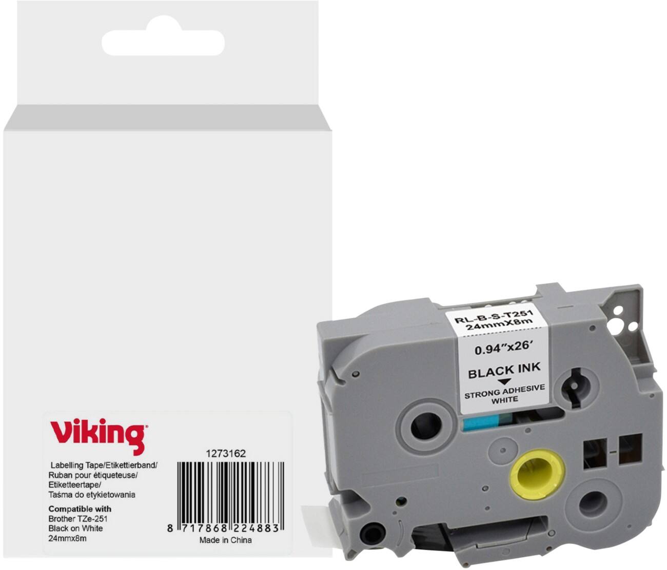 Viking Beschriftungsband Kompatibel mit Brother TZe-251 WB-BRRLT251-WT Zum Ankleben Schwarz auf Weiß 24 x 93 mm Thermodruck