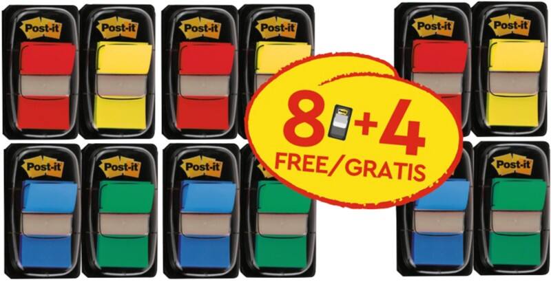 Post-it Index Haftstreifen 25.,4 mm x 43,2 mm Farbig Sortiert 50 Haftstreifen/Spender Packung mit 12 Spender Vorteilspackung 8+4 GRATIS