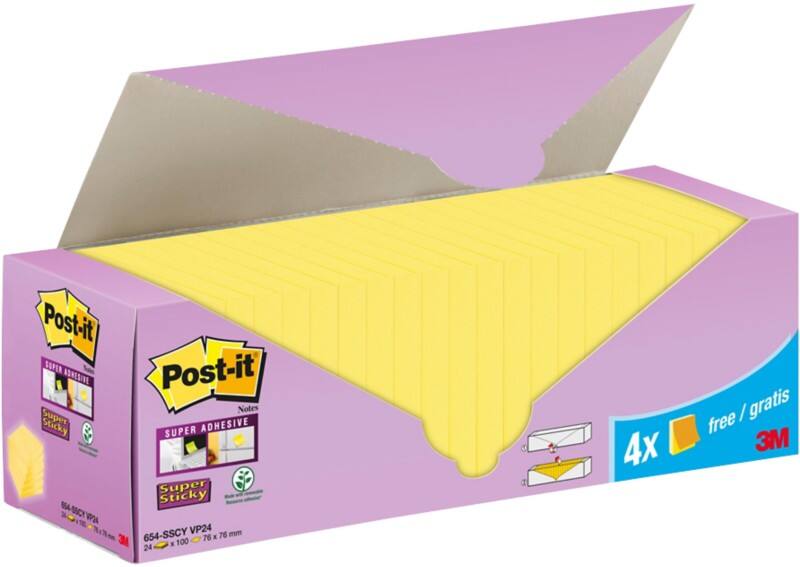 Post-it super sticky haftnotizen 76 x 76 mm gelb packung mit 24 blã¶cken mit 90 blatt value pack 20+4 gratis