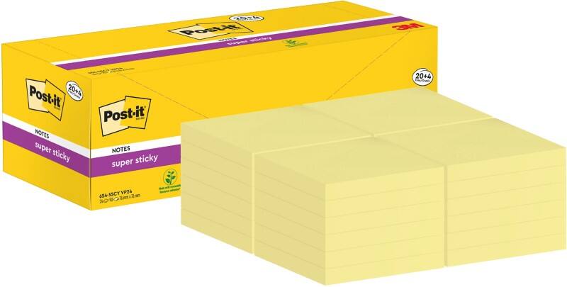 Post-it Super Sticky Haftnotizen 76 x 76 mm Gelb Packung mit 24 Blöcken mit 90 Blatt Value Pack 20+4 GRATIS