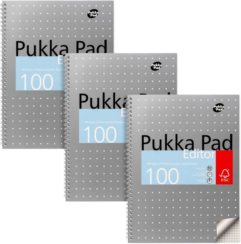 Pukka Metallics Notizbuch DIN A4 Kariert Doppeldraht Seitlich gebunden Karton Hardback Grau Gelocht  100 Seiten 3 Stück à 100 Blatt