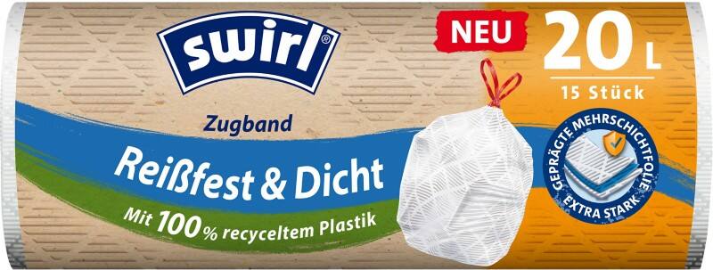 Swirl Reißfest & Dicht Abfallsäcke 20 L Zugband Transparent Kunststoff 15 Stück