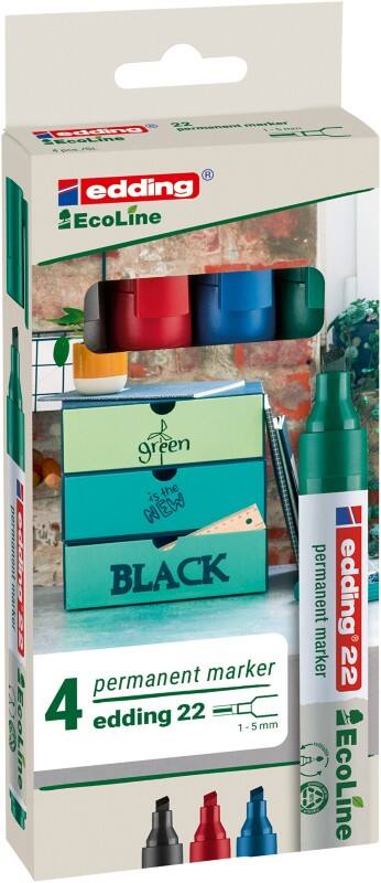 edding ecoline E-22 Permanentmarker  Keilspitze  - 5 mm Farbig sortiert Nachfüllbar 4 Stück