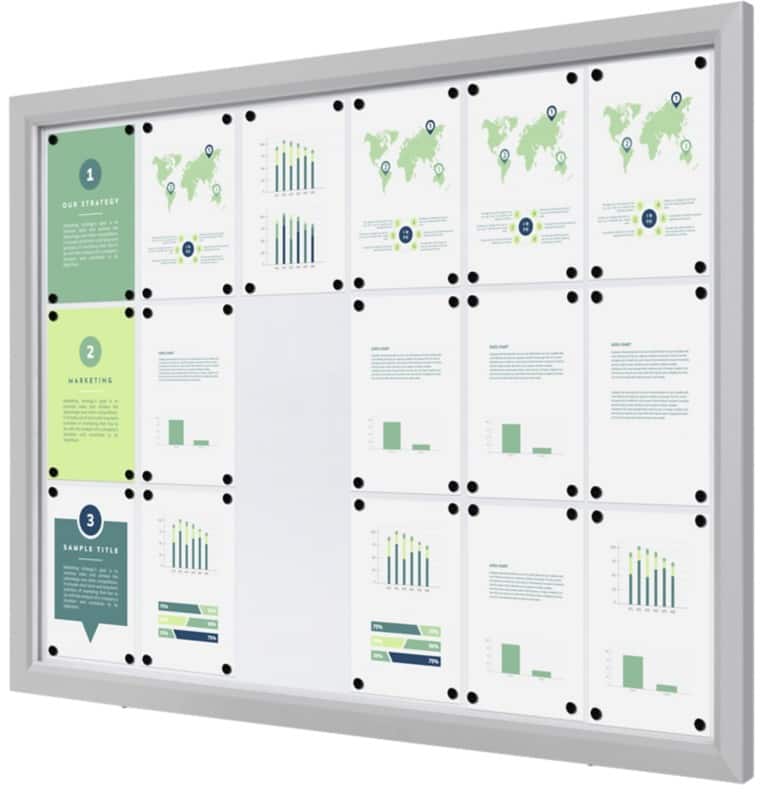 SHOWDOWN Vitrine Magnetisch 18 x A4 Wandmontage Abschließbar Outdoor 141 (B) x 101,2 (H) cm Silber
