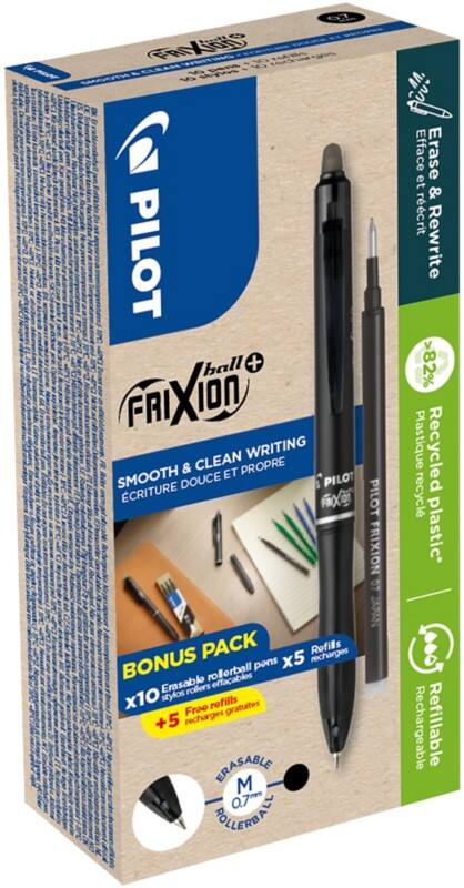 Pilot Tintenroller FriXion Ball Plus Schwarz 0,4 mm Medium 82% Recycled 10er Pack + 10 Minen