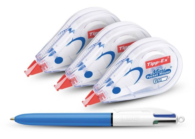 Tipp-Ex Mini-Taschenkorrekturband 5 mm x 6 m Transparent 3 Stück + BIC 4 Farben Kugelschreiber gratis