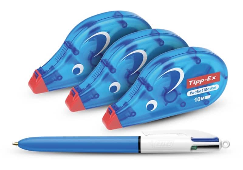 Tipp-Ex Pocket Mouse Korrekturband 4,2 mm x 10 m 3 Stück + BIC 4 Farben Kugelschreiber gratis