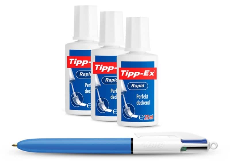 Tipp-Ex Rapid Korrekturfluid Weiß 25 ml 3 Stück + BIC 4 Farben Kugelschreiber gratis
